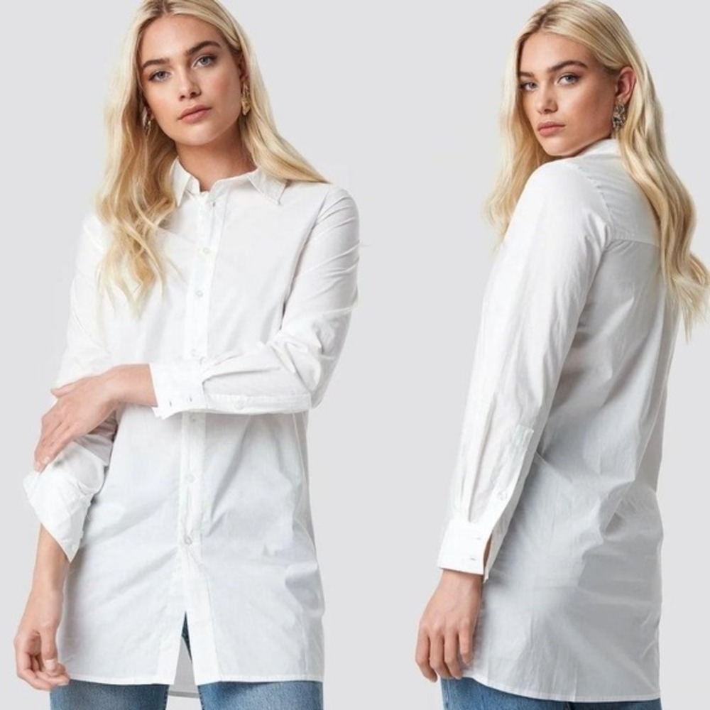Clean Girl Button Up Shirt Womens S 34 White Long Office Minimalist Tunic NA KD